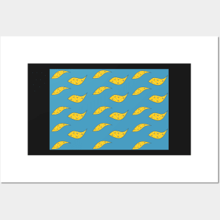 Yellow paisley fish on blue background Posters and Art